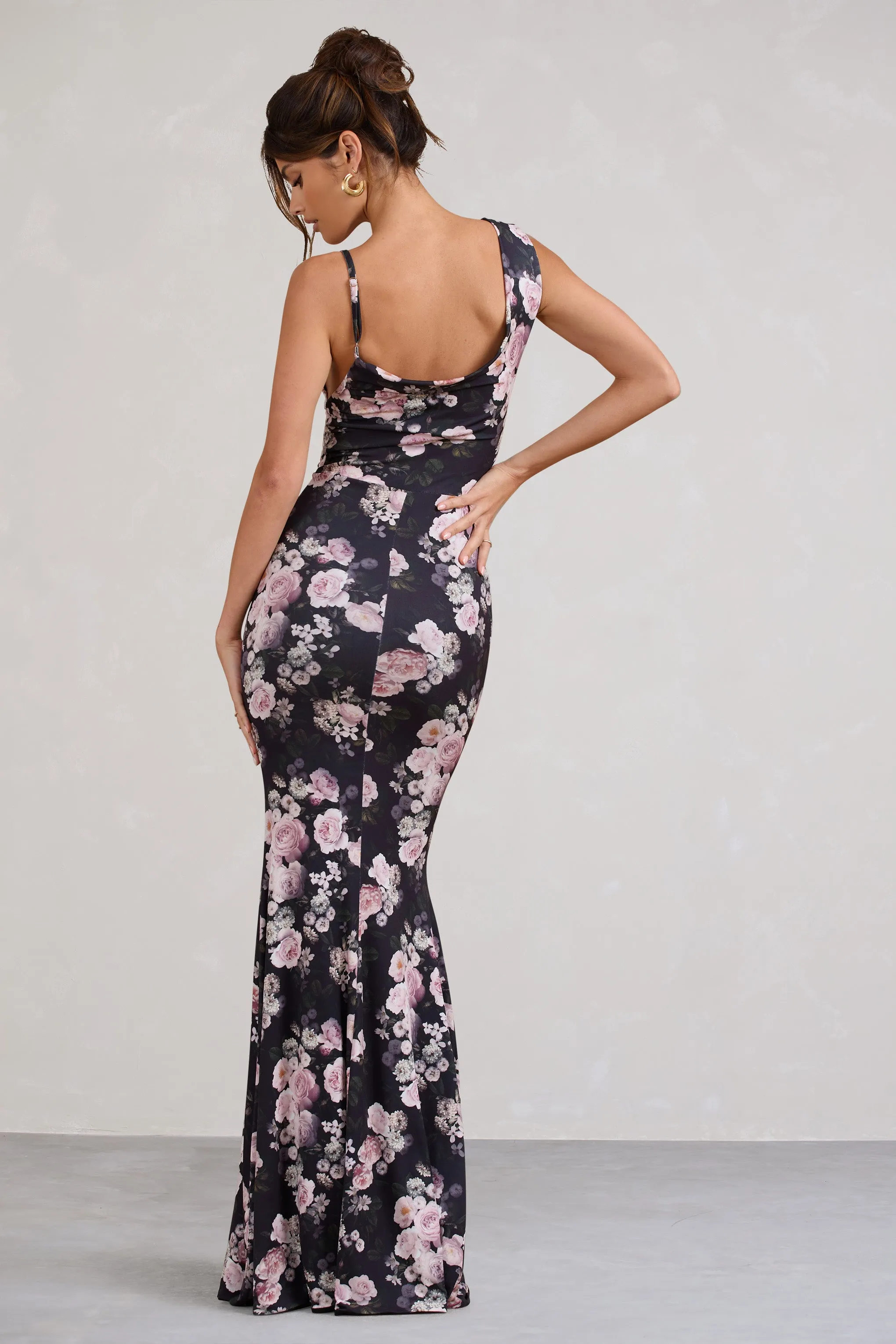 Phantasy | Black & Pink Floral Print Asymmetric Neckline Cowl Maxi Dress sold by Club L London product image thumbnail 2