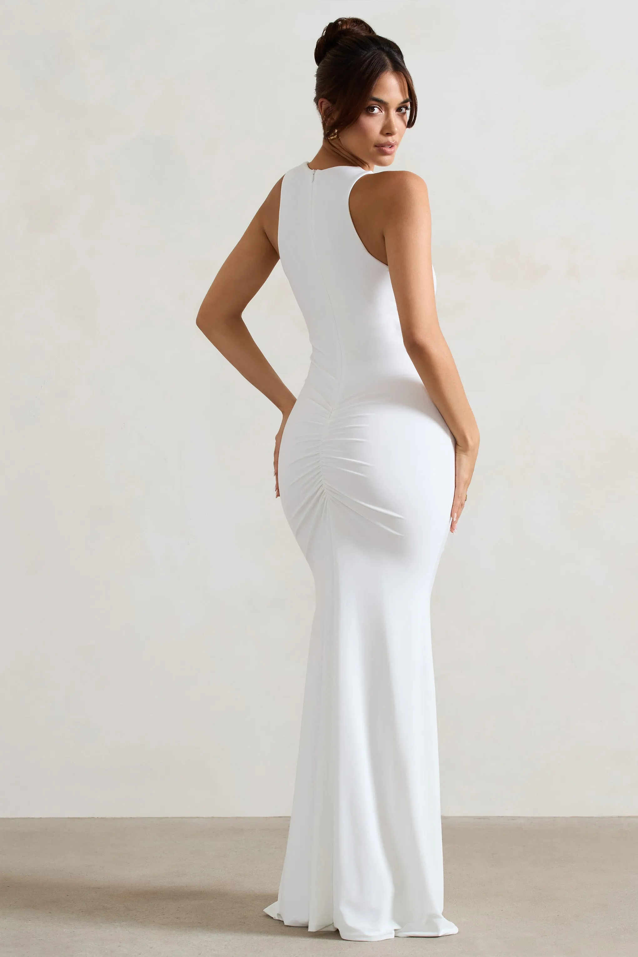 Julianna | White Plunge-Neck Ruched Maxi Dress With Corsage sold by Club L London product image thumbnail 2