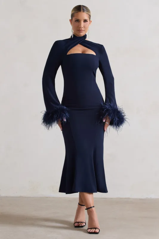 Monroe | Navy Cross Halter-Neck Midi Dress With Feather Cuffs sold by Club L London