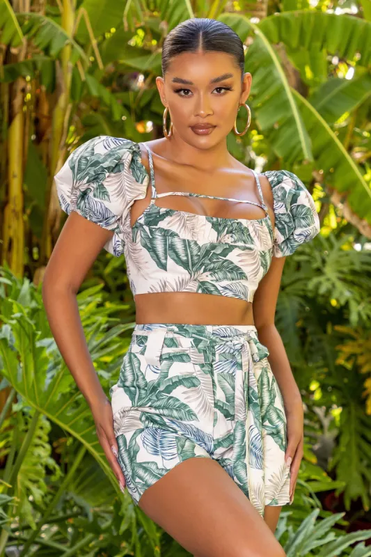 Pure Heat | Tropical Print Puff Sleeve Crop Top With Strap Detail sold by Club L London