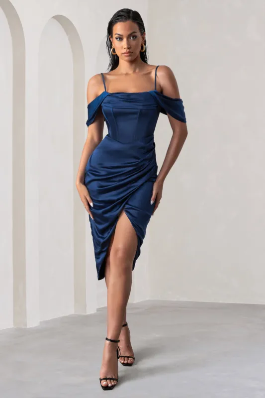 Deserving | Navy Satin Bardot Sleeve Corset Wrap Midi Dress sold by Club L London