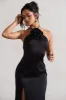 Cesca | Black Satin Halter-Neck Maxi Dress With Flower Corsage sold by Club L London