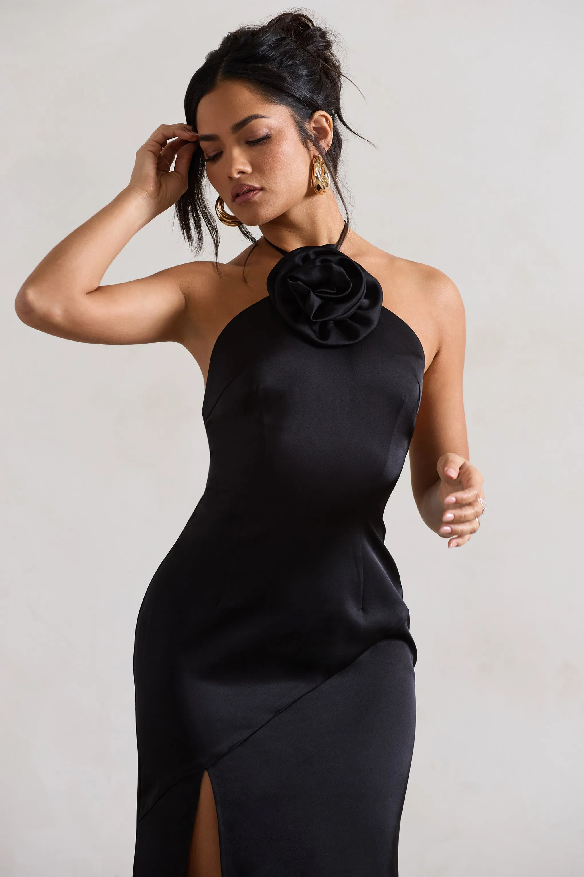 Cesca | Black Satin Halter-Neck Maxi Dress With Flower Corsage sold by Club L London product image thumbnail 3