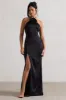 Cesca | Black Satin Halter-Neck Maxi Dress With Flower Corsage sold by Club L London