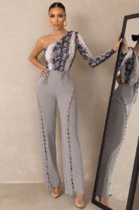 Worthy | Grey Lace-Up Detail Trousers in crepe sold by Club L London