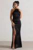 Cesca | Black Satin Halter-Neck Maxi Dress With Flower Corsage sold by Club L London
