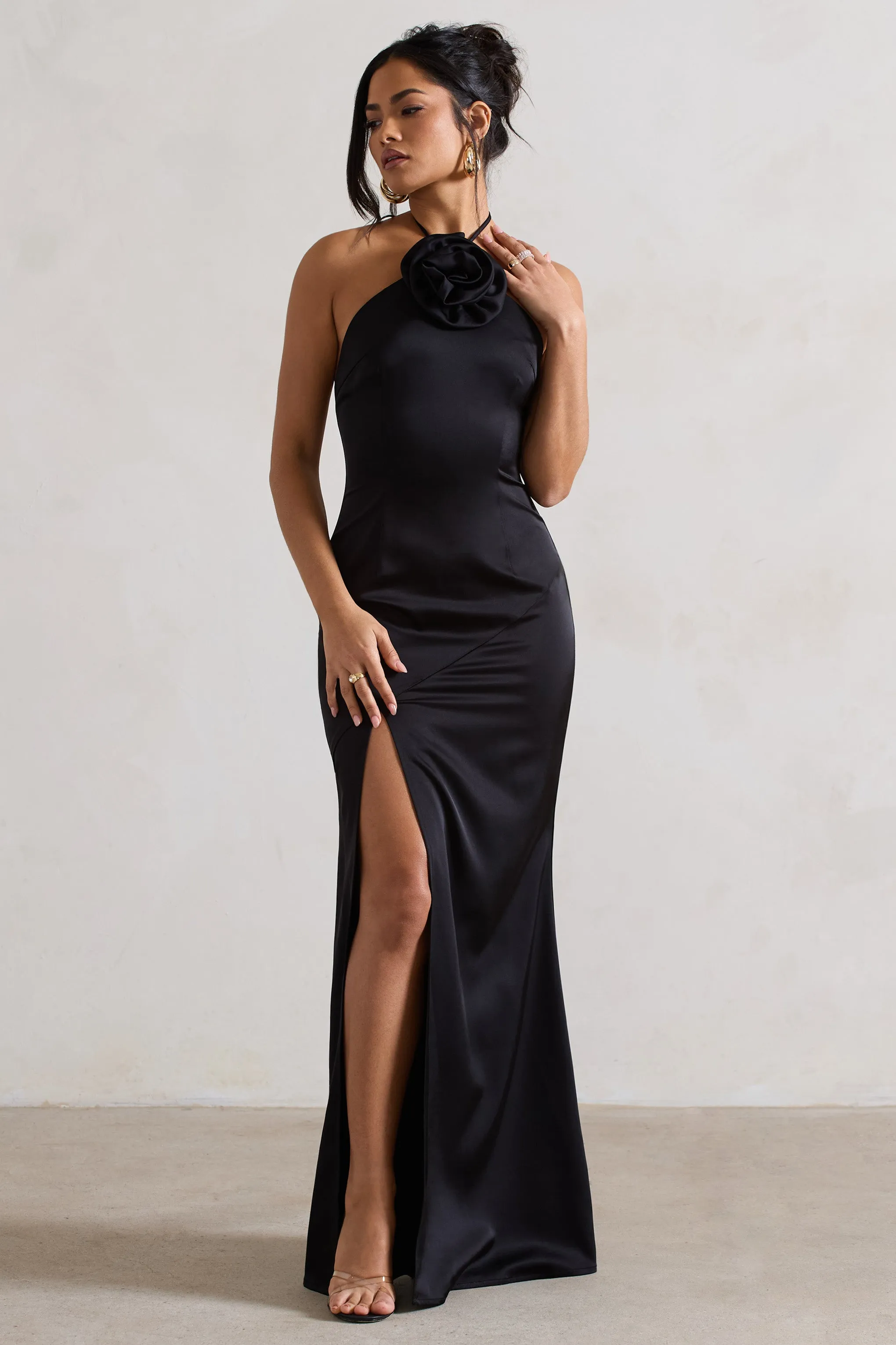 Cesca | Black Satin Halter-Neck Maxi Dress With Flower Corsage sold by Club L London product image thumbnail 4