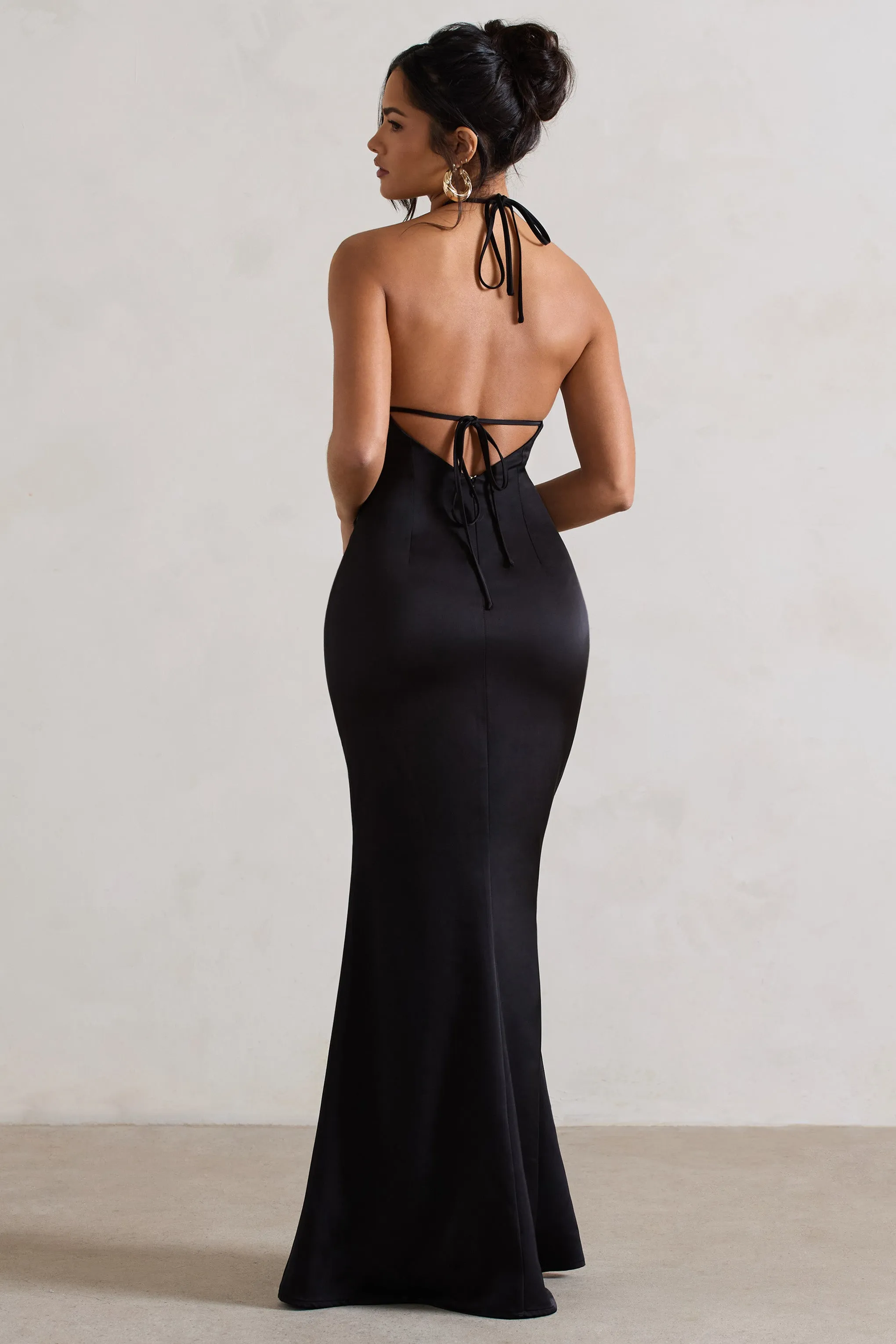 Cesca | Black Satin Halter-Neck Maxi Dress With Flower Corsage sold by Club L London product image thumbnail 2