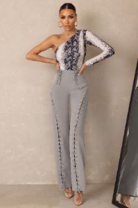 Worthy | Grey Lace-Up Detail Trousers in crepe sold by Club L London