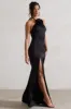 Cesca | Black Satin Halter-Neck Maxi Dress With Flower Corsage sold by Club L London