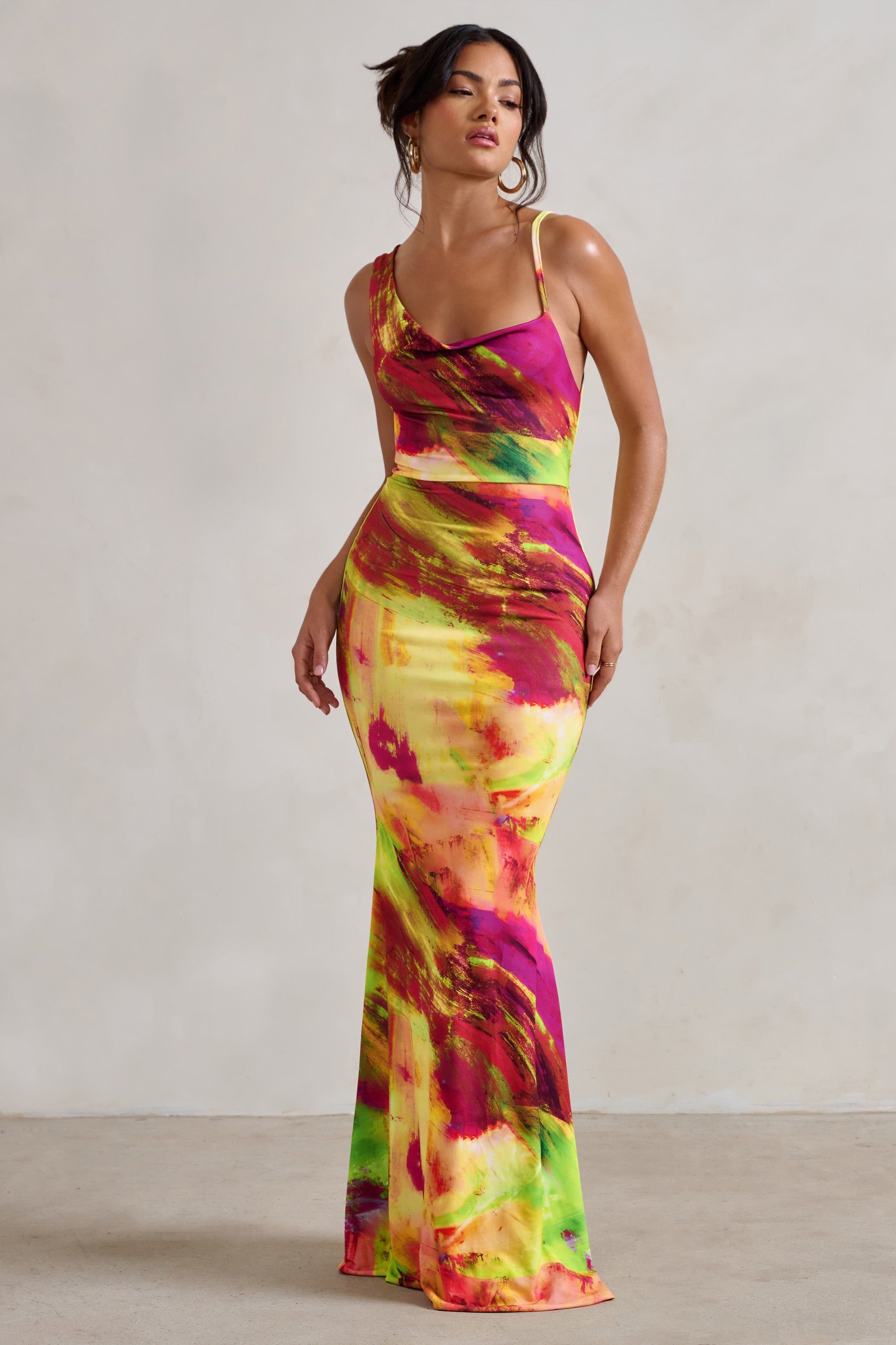 Phantasy | Lime Print Asymmetric Neckline Cowl Maxi Dress sold by Club L London product image thumbnail 4