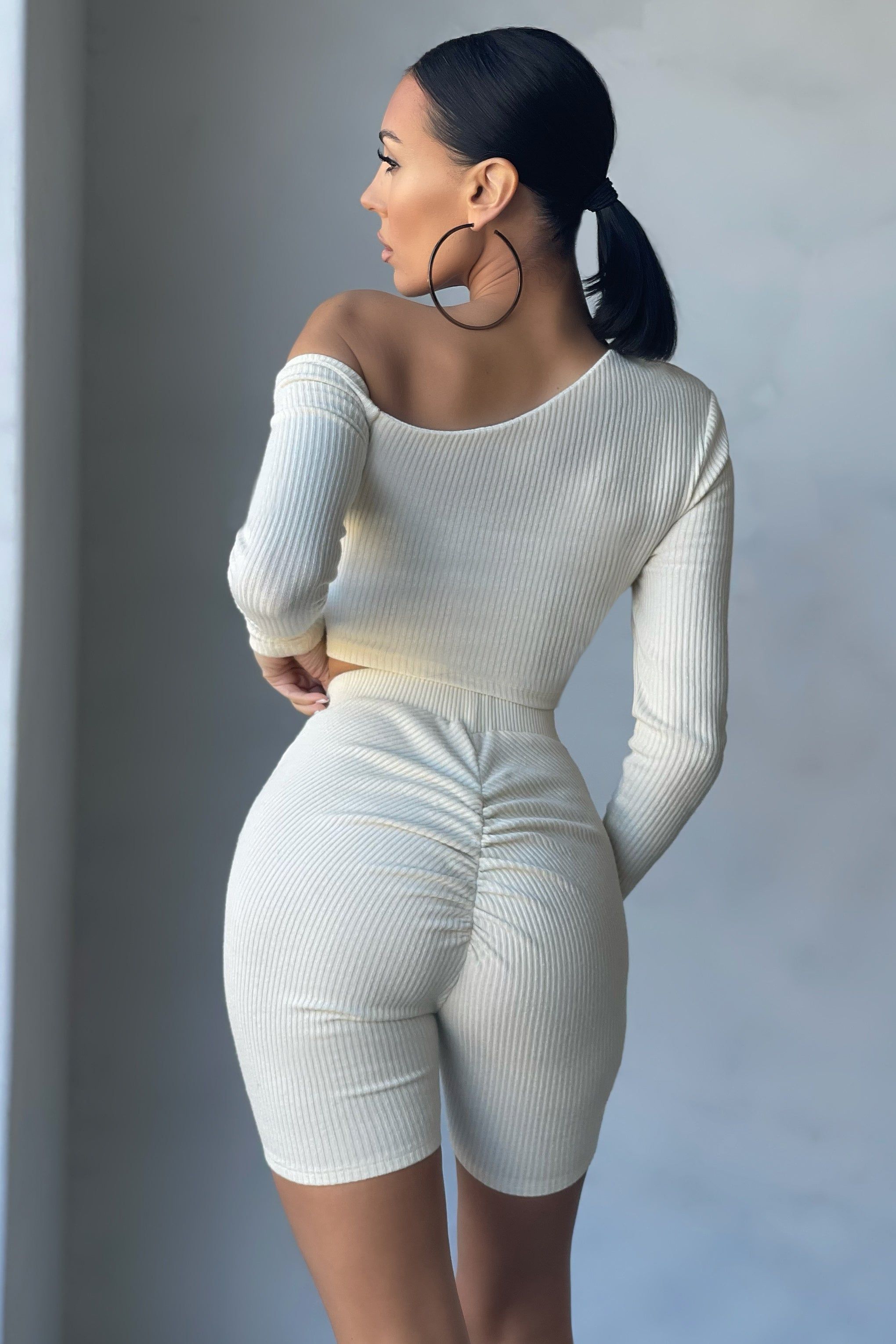 Eyes On Me | Cream Ribbed high Waist Cycling Short sold by Club L London product image thumbnail 2