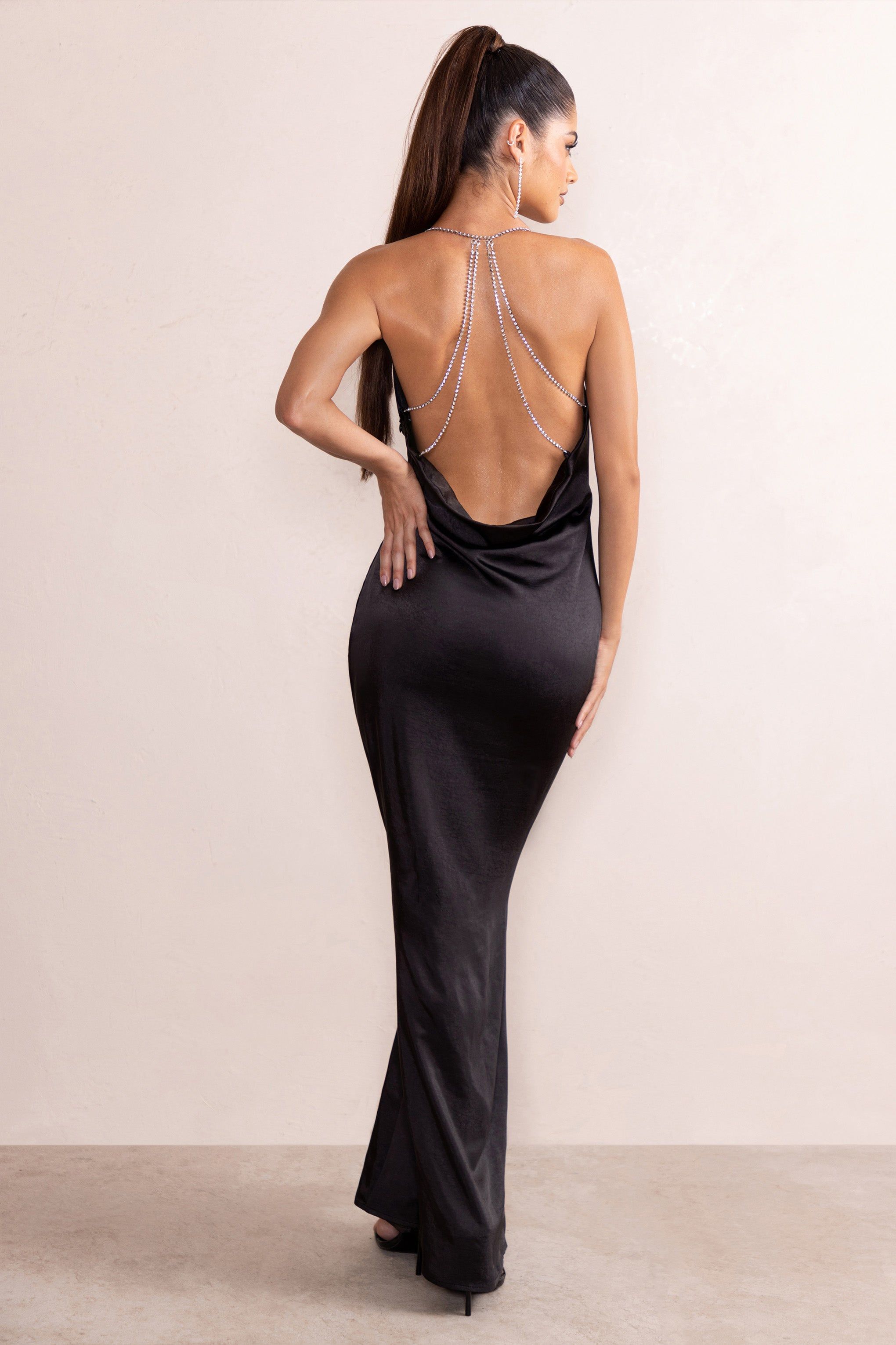 Malia | Black Satin Backless Diamante Strap Detail Maxi Dress sold by Club L London product image thumbnail 2