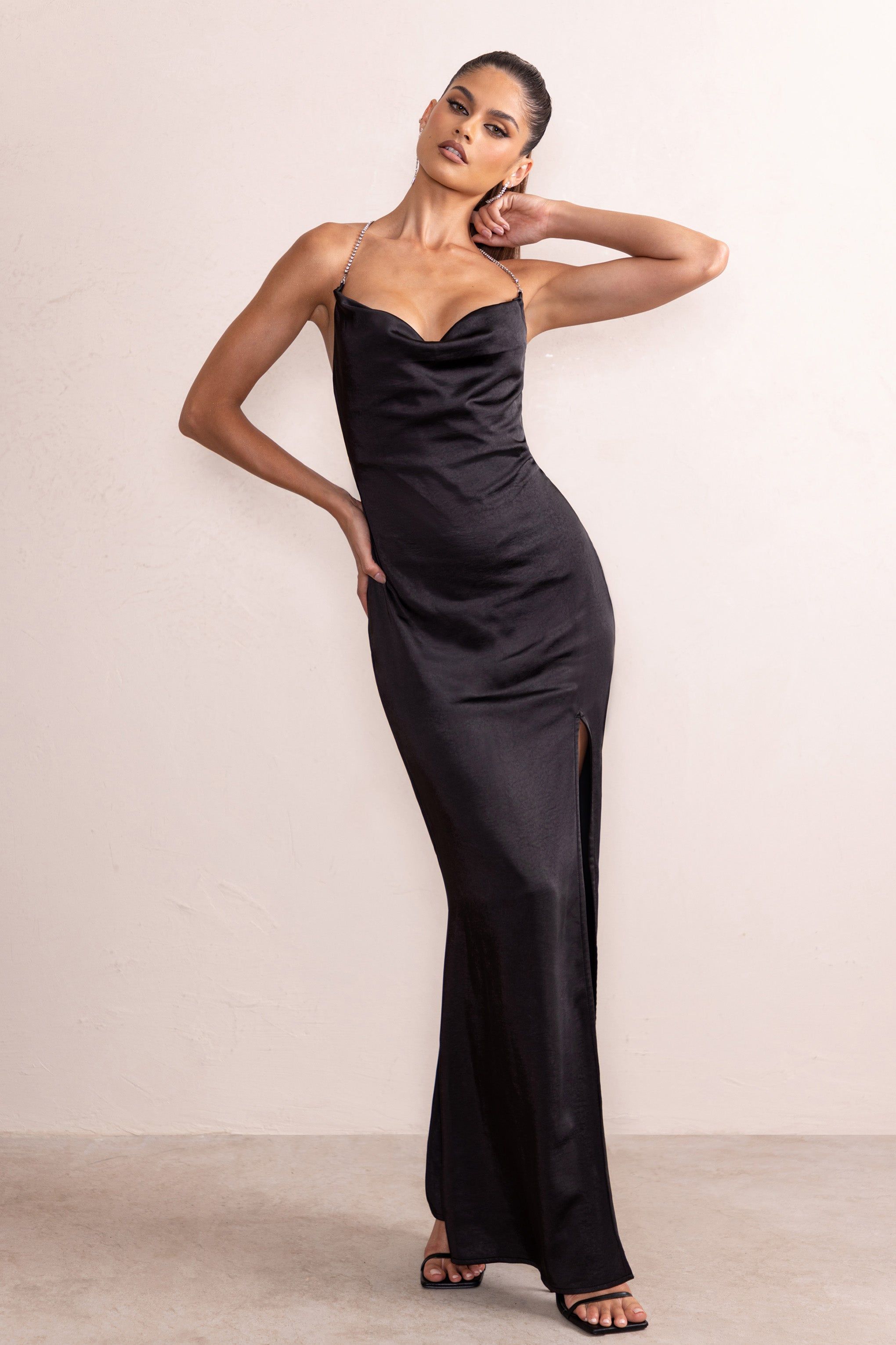Malia | Black Satin Backless Diamante Strap Detail Maxi Dress sold by Club L London product image thumbnail 4