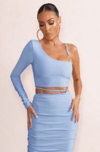 Nice | Powder Blue Asymmetric Neck Crop Top With O Ring Detail sold by Club L London