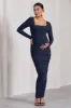 Prissie | Navy Ruched Square-Neck Long-Sleeve Maternity Maxi Dress sold by Club L London