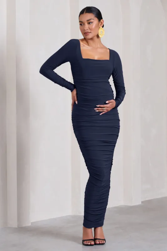 Prissie | Navy Ruched Square-Neck Long-Sleeve Maternity Maxi Dress sold by Club L London