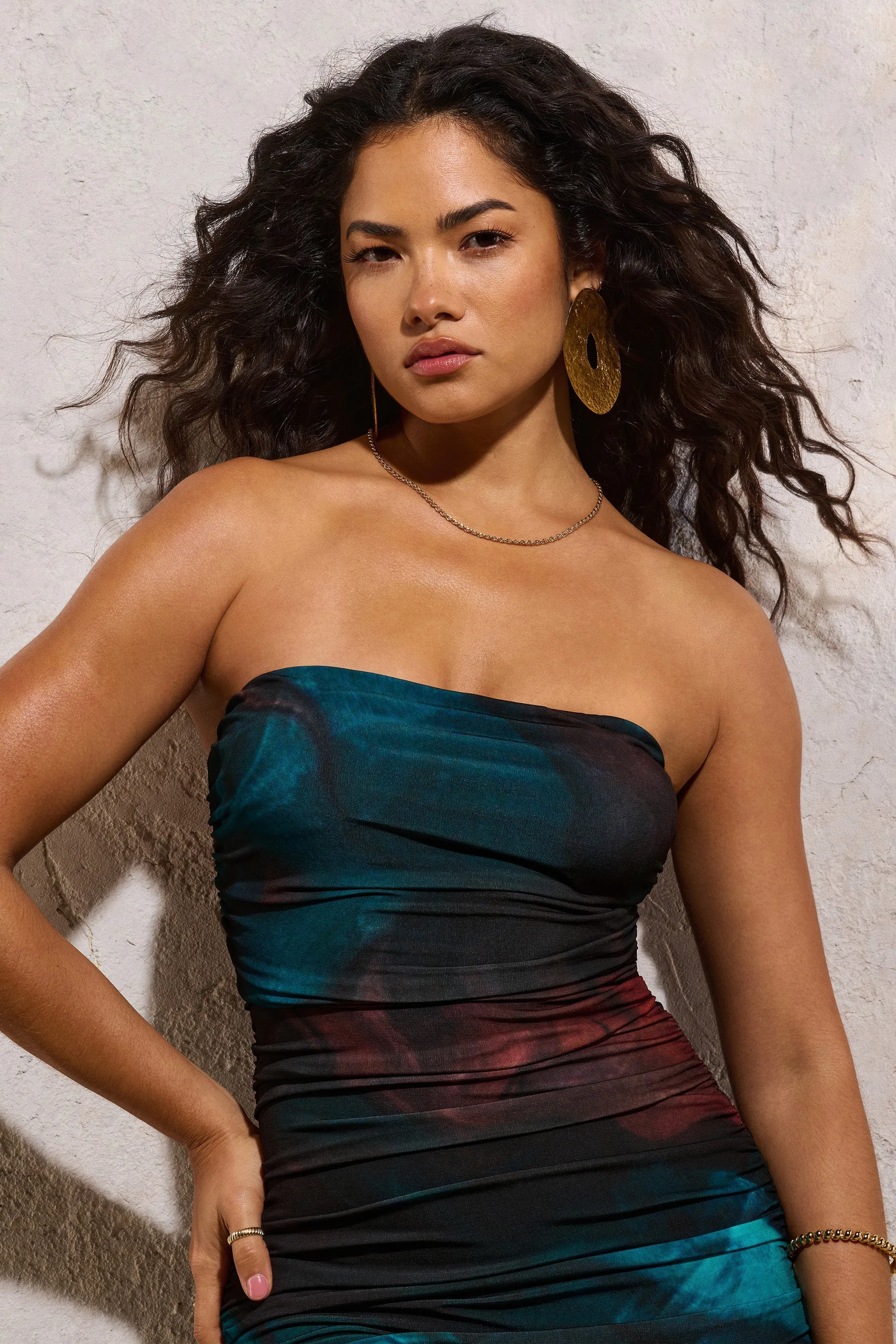 My Girl | Blue Print Strapless Bodycon Ruched Mesh Midi Dress sold by Club L London product image thumbnail 3