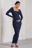 Prissie | Navy Ruched Square-Neck Long-Sleeve Maternity Maxi Dress sold by Club L London