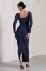 Prissie | Navy Ruched Square-Neck Long-Sleeve Maternity Maxi Dress sold by Club L London