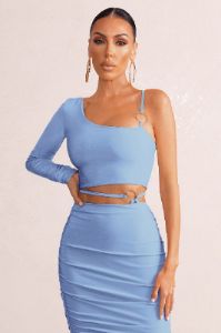 Nice | Powder Blue Asymmetric Neck Crop Top With O Ring Detail sold by Club L London