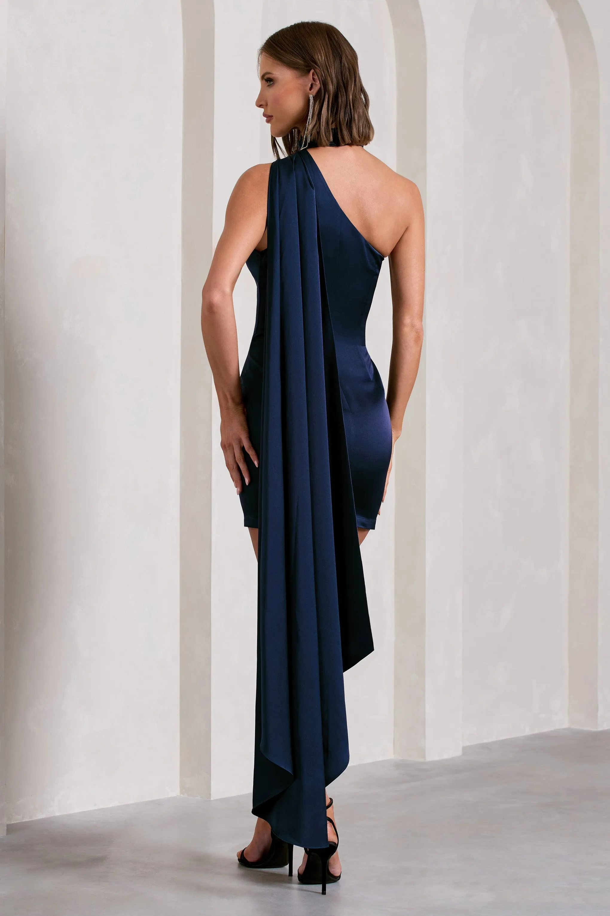 Natalie | Navy Satin One Shoulder Mini Dress With Scarf Detail sold by Club L London product image thumbnail 2