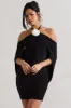 Adriana | Black Ruched Halter-Neck Draped Mini Dress With Corsage sold by Club L London