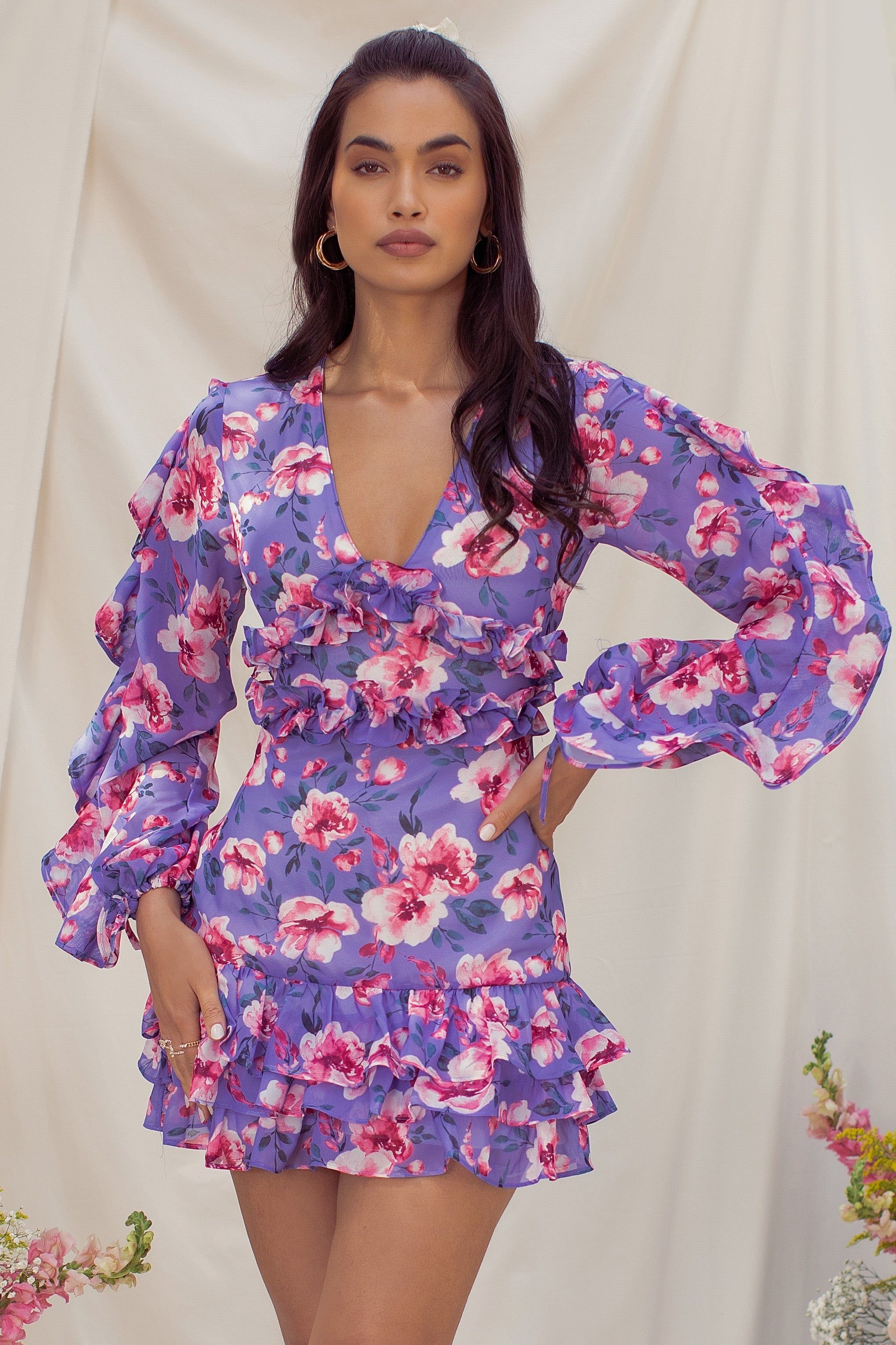 Meeting Up | Purple Floral Plunge Long Sleeve Ruffle Hem Chiffon Mini Dress sold by Club L London product image thumbnail 3