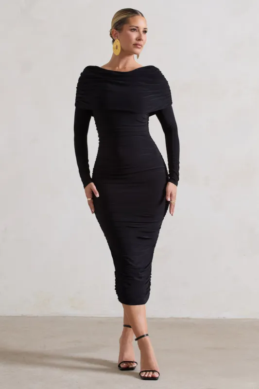 Lea | Black Long Sleeve Ruched Midi Dress with Draped Bardot Overlay sold by Club L London