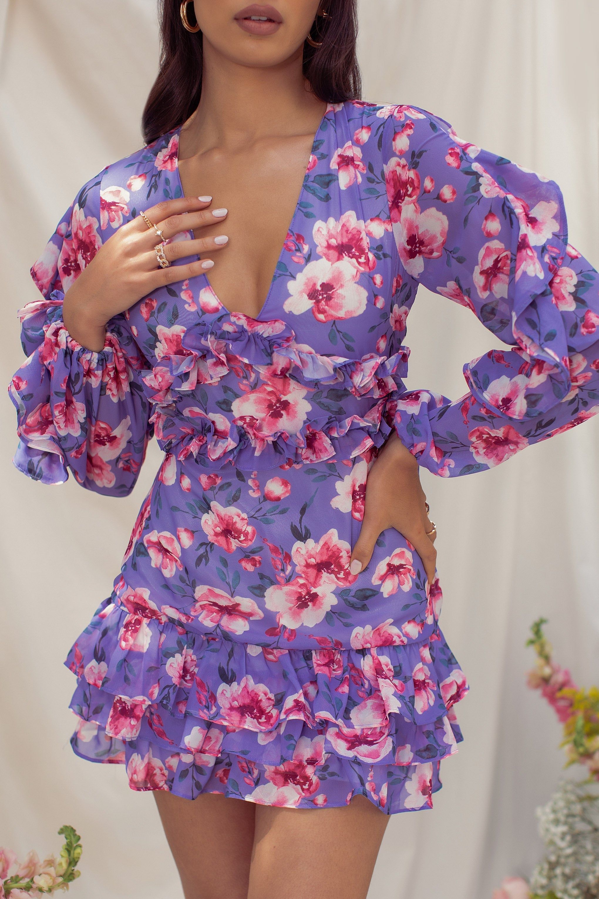 Meeting Up | Purple Floral Plunge Long Sleeve Ruffle Hem Chiffon Mini Dress sold by Club L London product image thumbnail 5