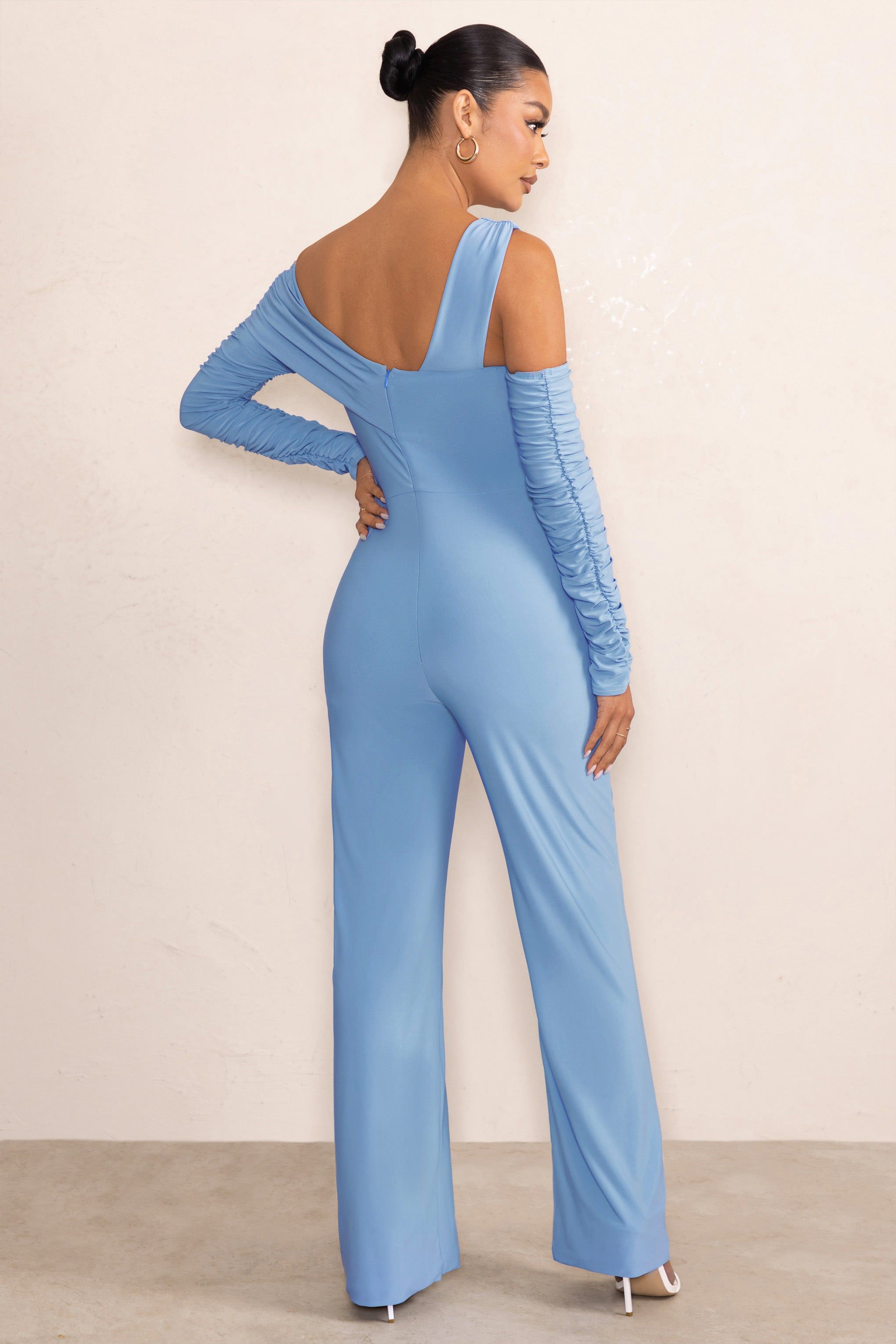 Kelly | Powder Blue Asymmetric Bardot Maternity Jumpsuit with Sleeves sold by Club L London product image thumbnail 2