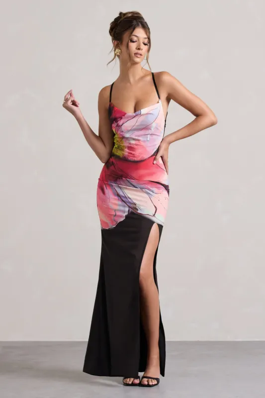 Kali | Black Floral Print Cowl-Neck Open-Back Split Maxi Dress sold by Club L London