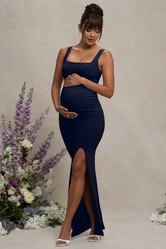 Avril | Navy Square Neck Maternity Maxi Dress with Split sold by Club L London