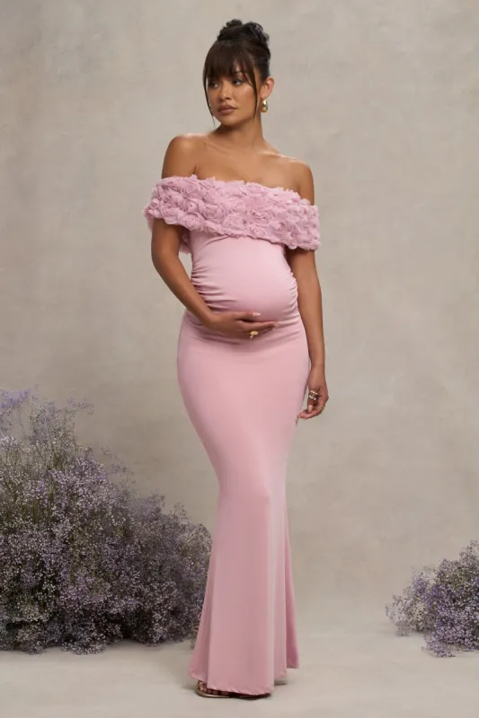 Inflorescence | Blush Pink Mesh Floral Bardot Maternity Maxi Dress sold by Club L London