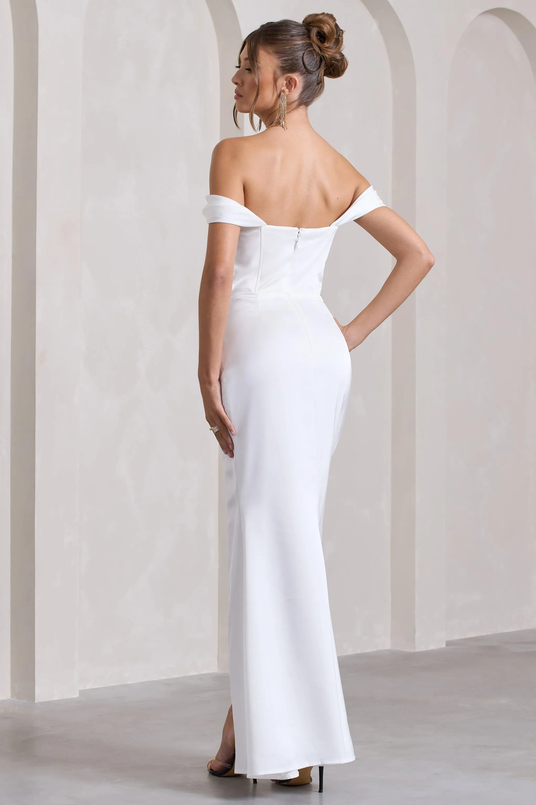 Kimberly | White Bardot Fishtail Satin Maxi Dress sold by Club L London product image thumbnail 2