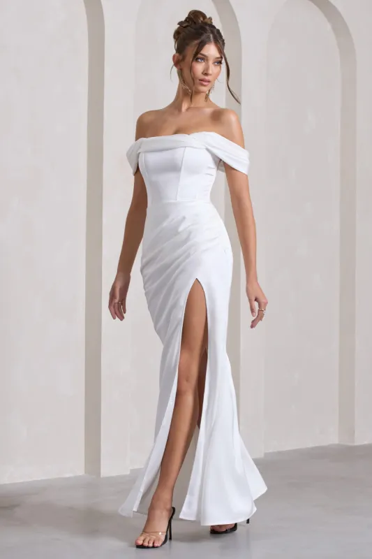 Kimberly | White Bardot Fishtail Satin Maxi Dress sold by Club L London