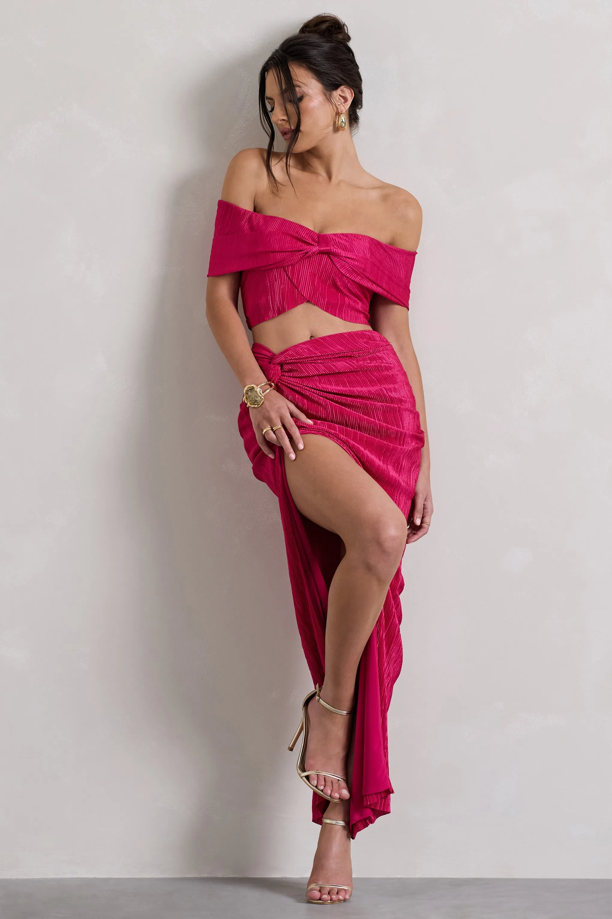 Calida | Hot Pink Plisse Knot Split Maxi Skirt sold by Club L London product image thumbnail 4