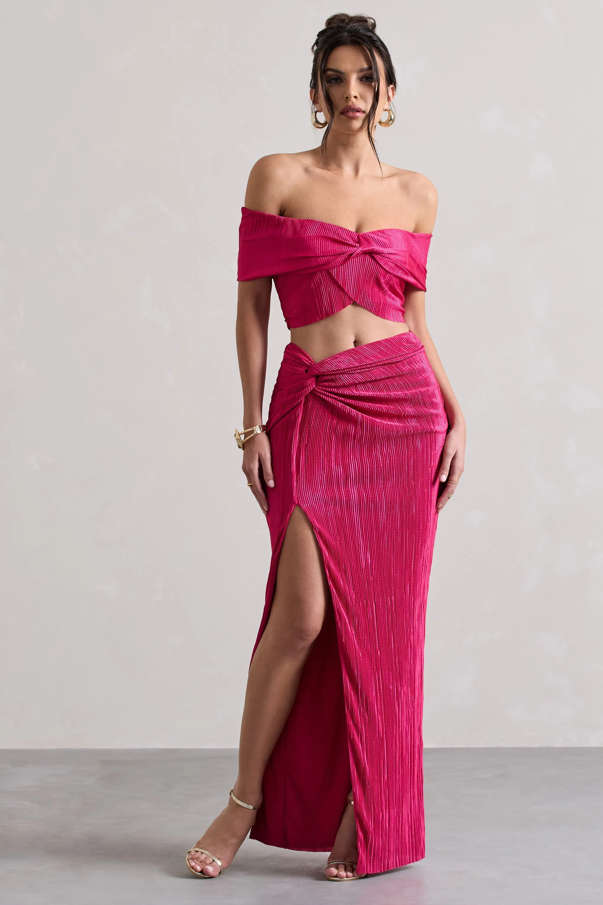 Calida | Hot Pink Plisse Knot Split Maxi Skirt sold by Club L London