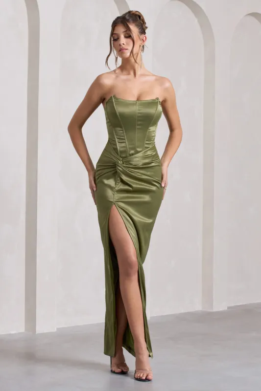 Romancing | Olive Thigh Split Corset Strapless Maxi Dress sold by Club L London