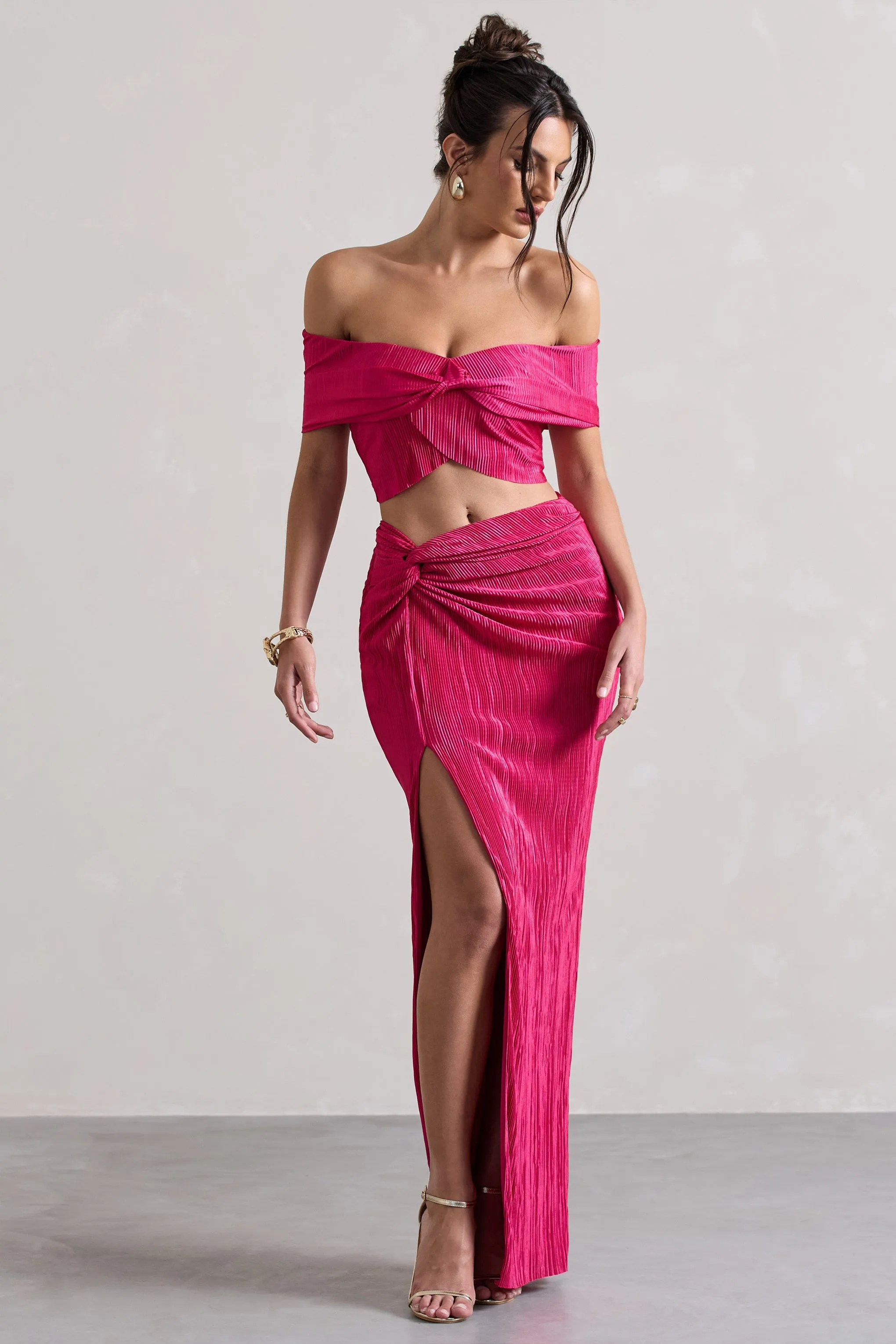 Calida | Hot Pink Plisse Knot Split Maxi Skirt sold by Club L London product image thumbnail 5