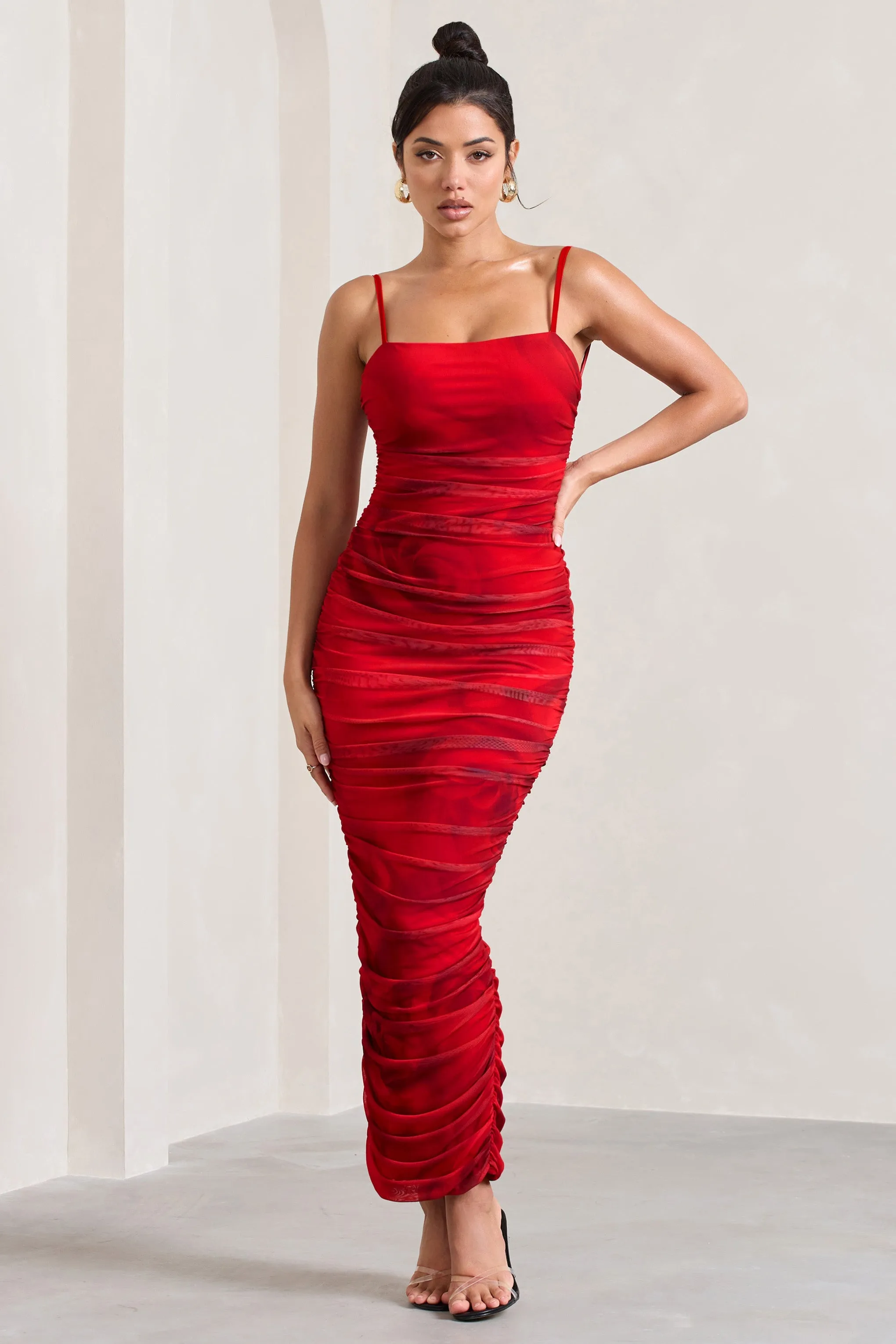 Ellis | Red Rose Printed Ruched Mesh Strappy Bodycon Maxi Dress sold by Club L London product image thumbnail 5