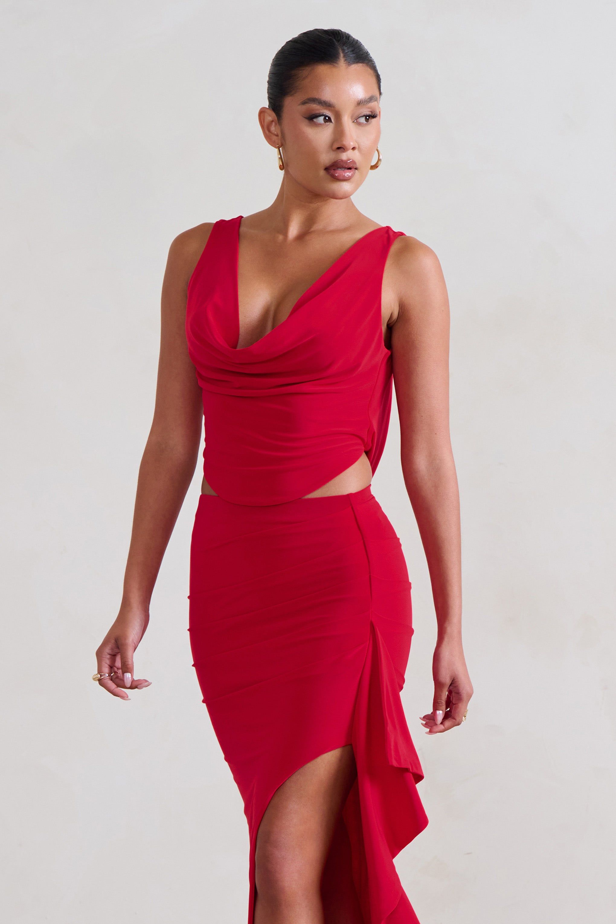 Femme Classique | Red Cowl Crop Top sold by Club L London