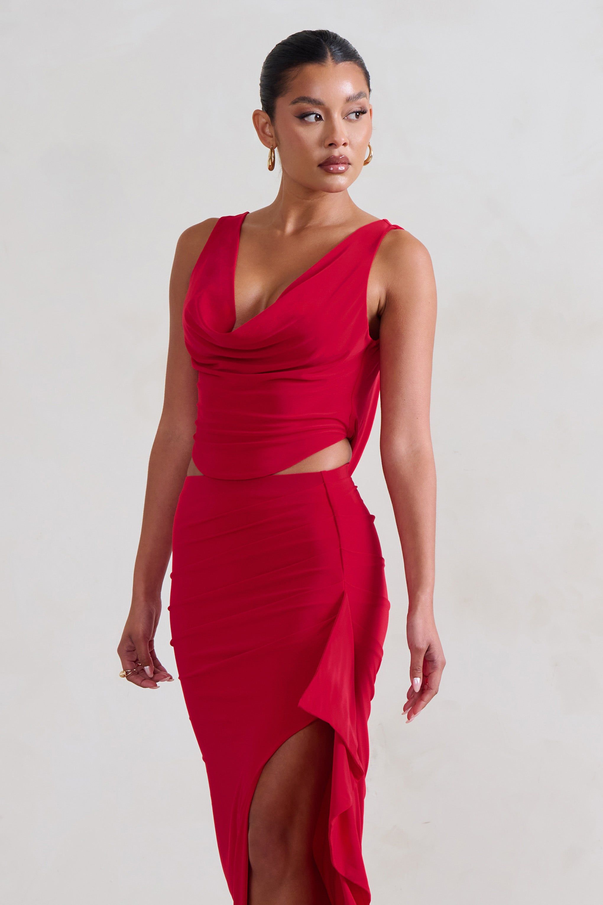 Femme Classique | Red Cowl Crop Top sold by Club L London product image thumbnail 6
