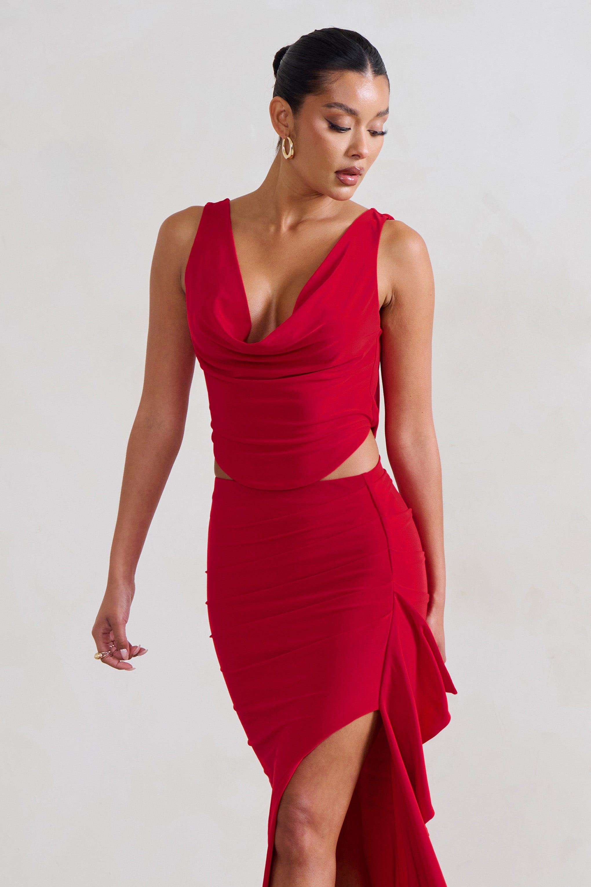 Femme Classique | Red Cowl Crop Top sold by Club L London product image thumbnail 5