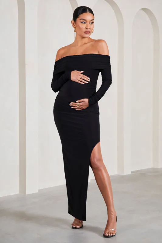 Kaylee | Black Ruched Strapless Long-Sleeved Split Maternity Maxi Dress sold by Club L London