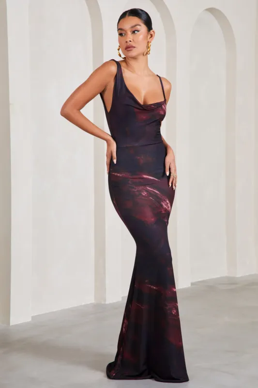 Phantasy | Plum Print Asymmetric Neckline Cowl Maxi Dress sold by Club L London