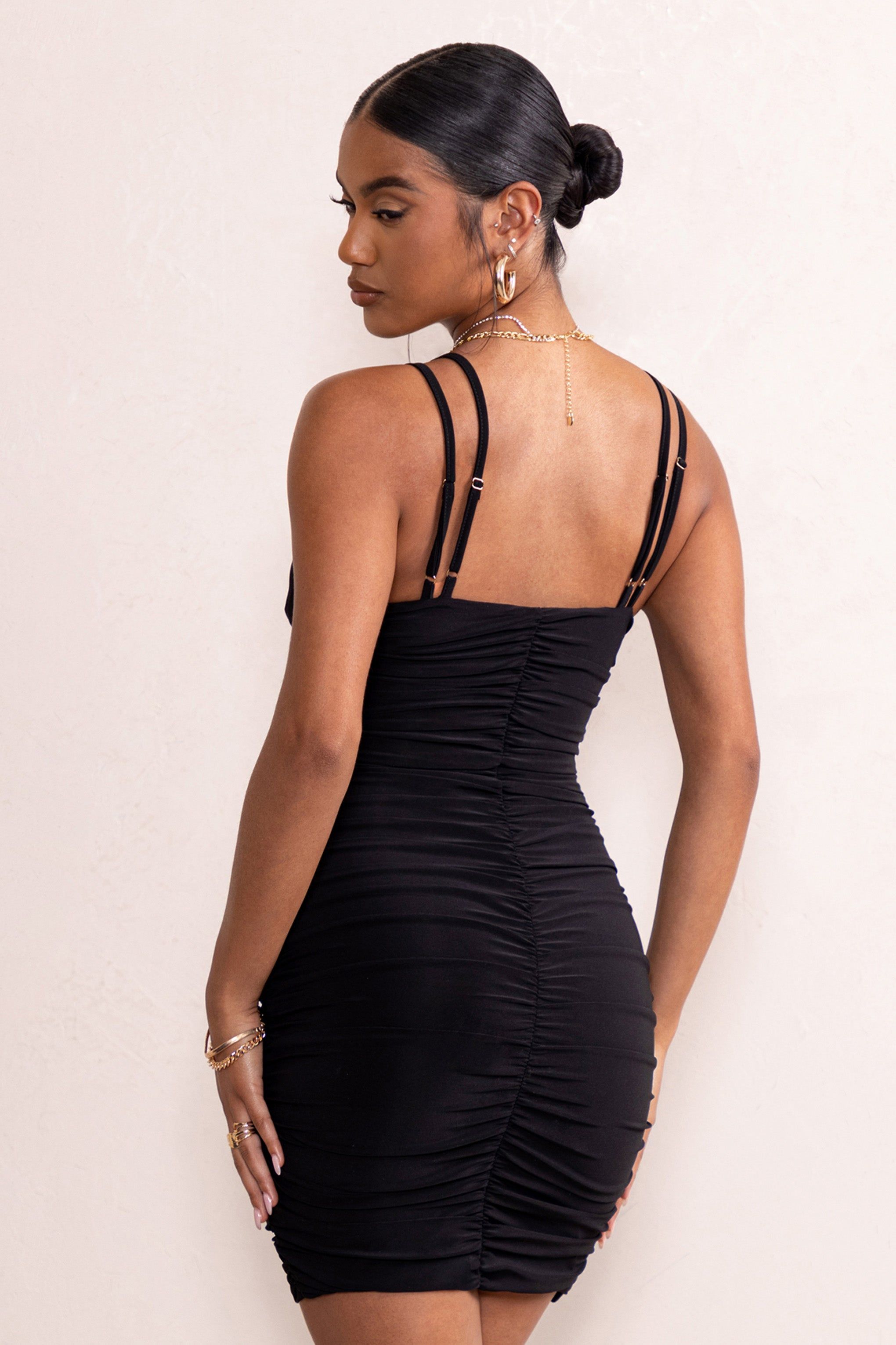 Bellamy | Black Ruched Double Strap Mini Dress sold by Club L London product image thumbnail 2