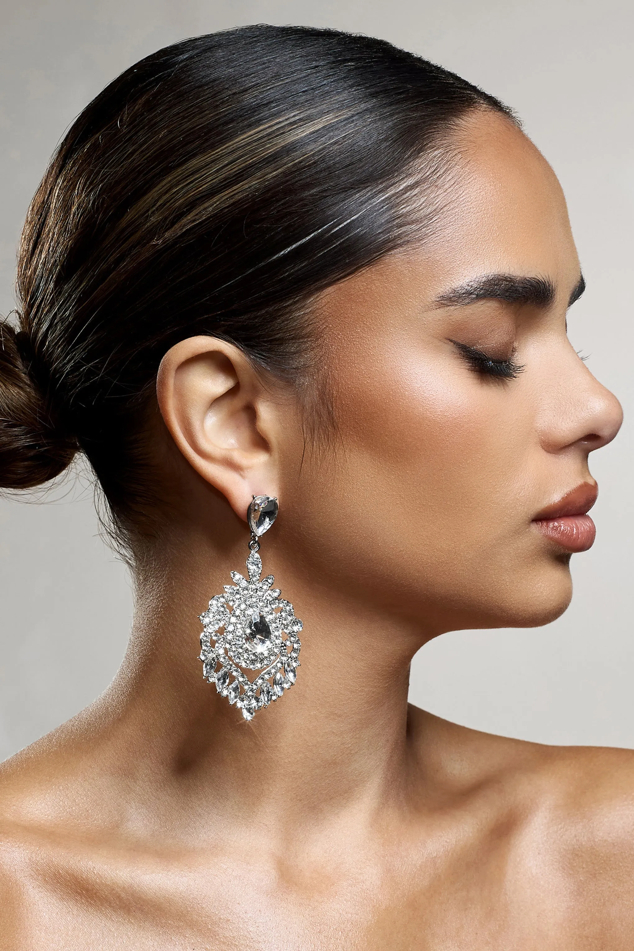 Thames | Silver Diamante Statement Drop Earrings sold by Club L London product image thumbnail 2