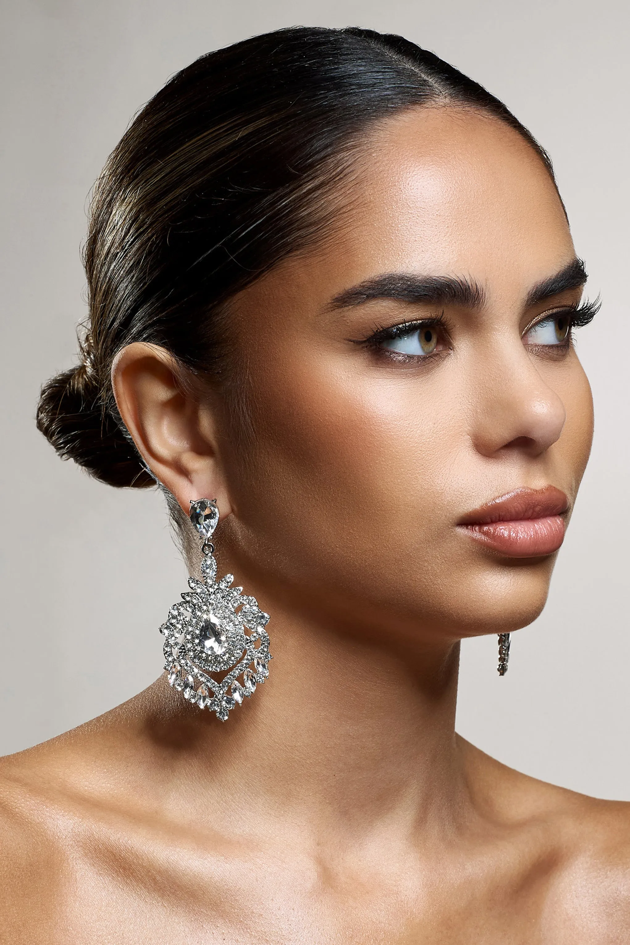 Thames | Silver Diamante Statement Drop Earrings sold by Club L London