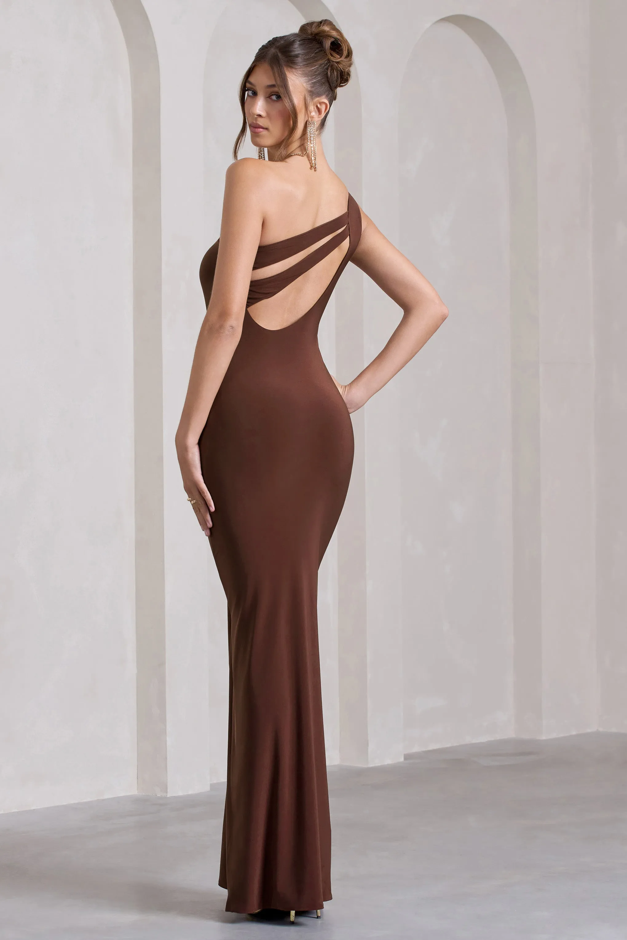 Coralina | Chocolate Brown One Shoulder Open-Back Split Maxi Dress sold by Club L London product image thumbnail 2